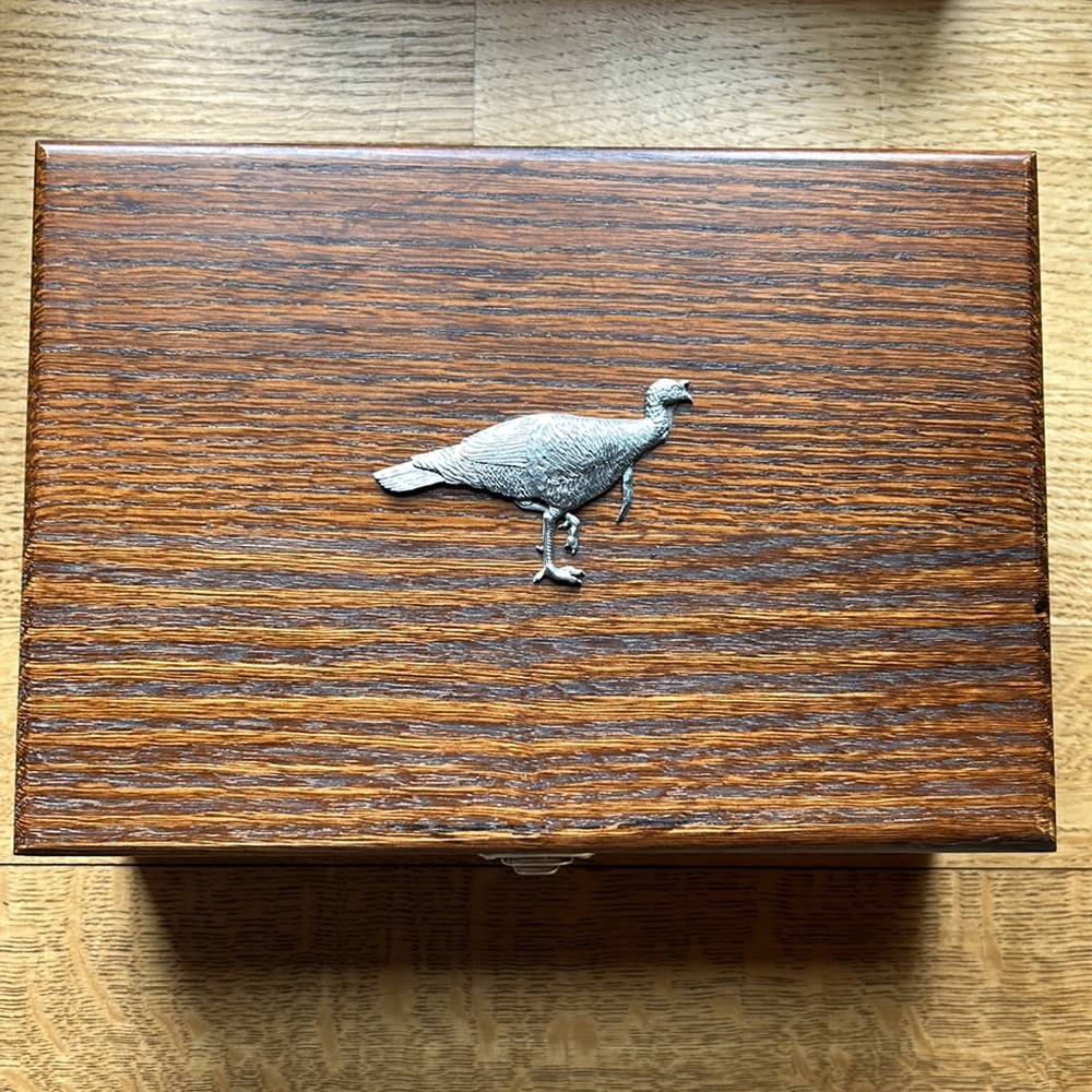 New Oak Wood Keepsake Hunting Memory Box with Silver Turkey